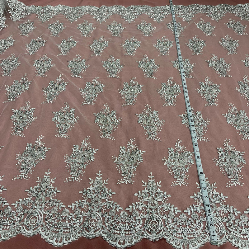 Beaded & Corded Lace Fabric Embroidered on 100% Polyester Net Mesh | Lace USA - 97019W-HB