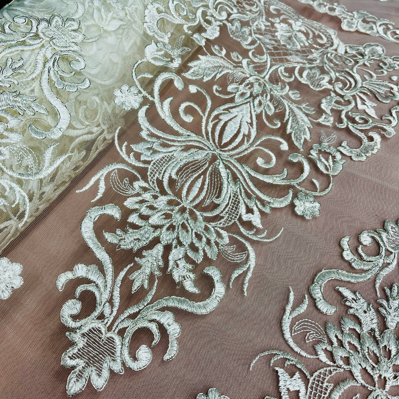 Corded Bridal Lace Fabric Embroidered on 100% Polyester Net Mesh | Lace USA - 97070W