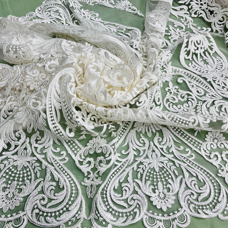 Corded Bridal Lace Fabric Embroidered on 100% Polyester Net Mesh | Spandex Palace- 97086W