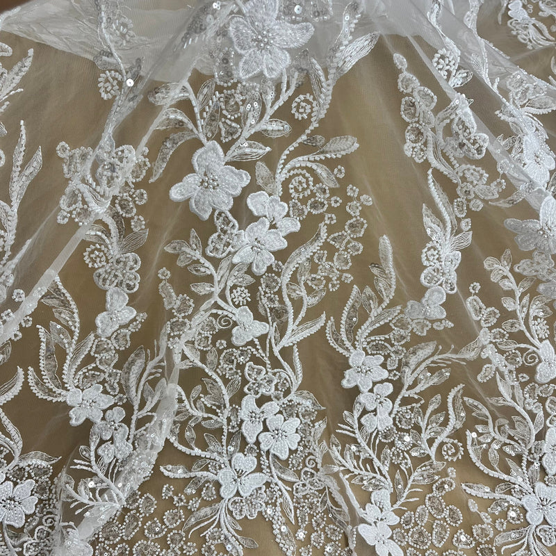 Beaded Lace Fabric Embroidered on 100% Polyester Net Mesh | Lace USA - GD-220703