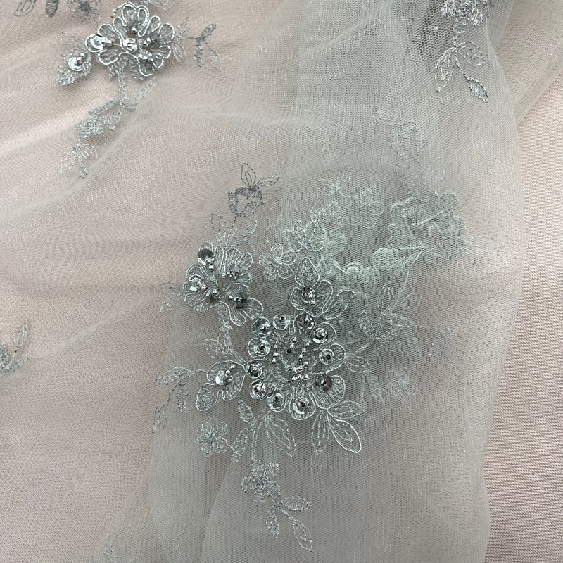 Beaded & Corded Bridal Lace Fabric Embroidered on 100% Polyester Net Mesh | Lace USA - 96519W-BP