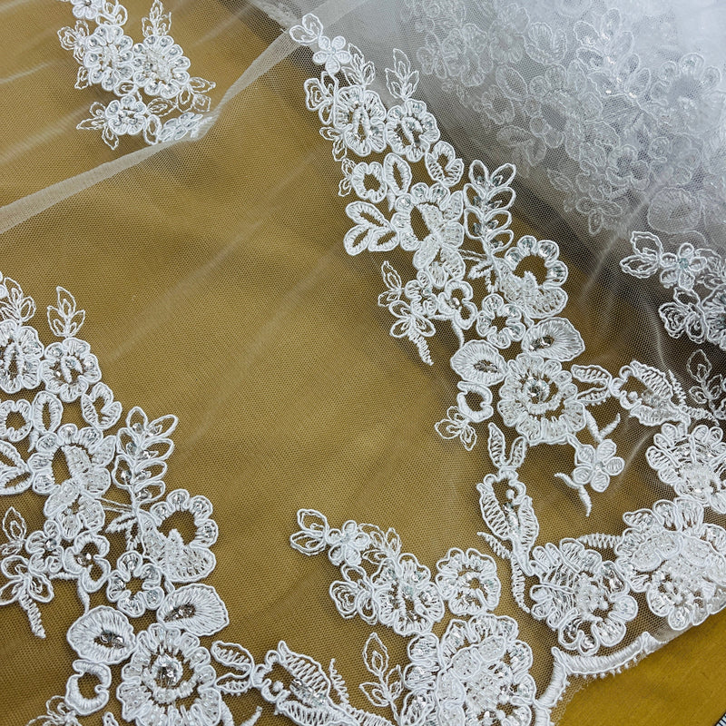 Beaded & Corded Bridal Lace Fabric Embroidered on 100% Polyester Net Mesh | Lace USA - 91443W-HB