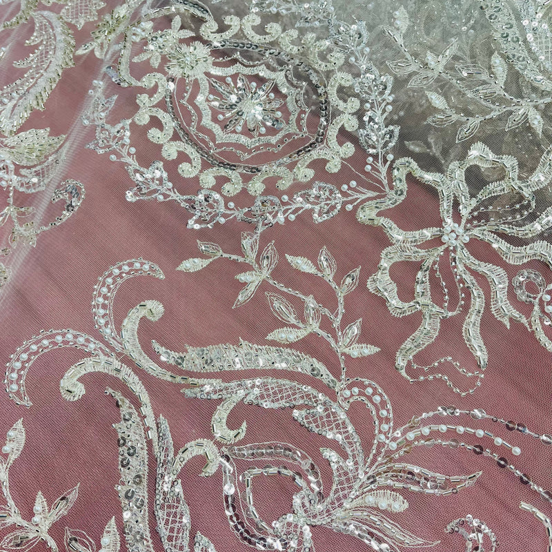 Beaded Lace Fabric Embroidered on 100% Polyester Net Mesh | Lace USA - GD-220707