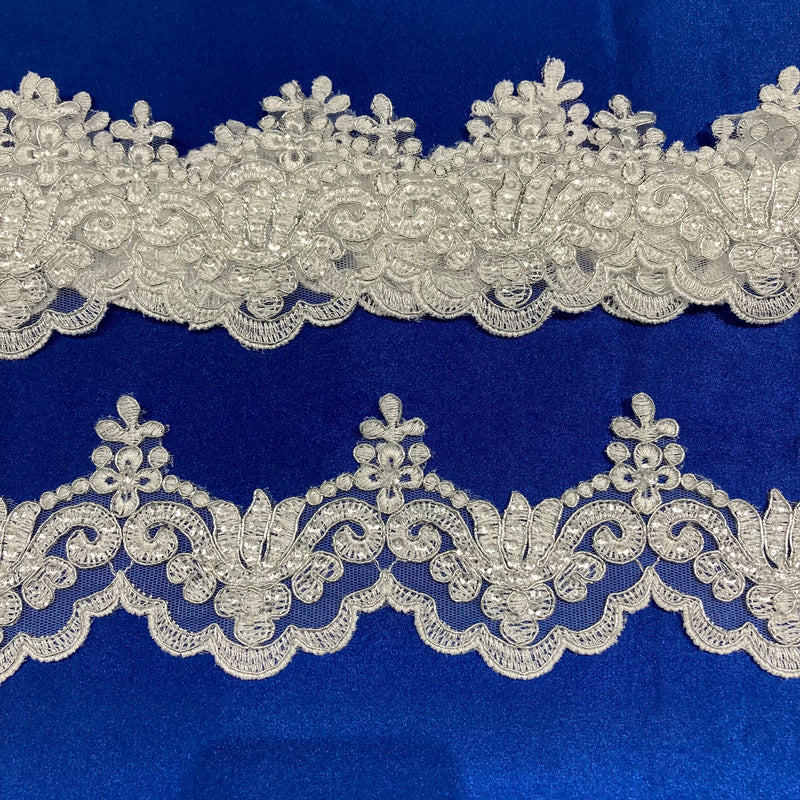 Beaded & Corded Lace Trimming Embroidered on 100% Polyester Net Mesh | Lace USA - KZ-34W-SB