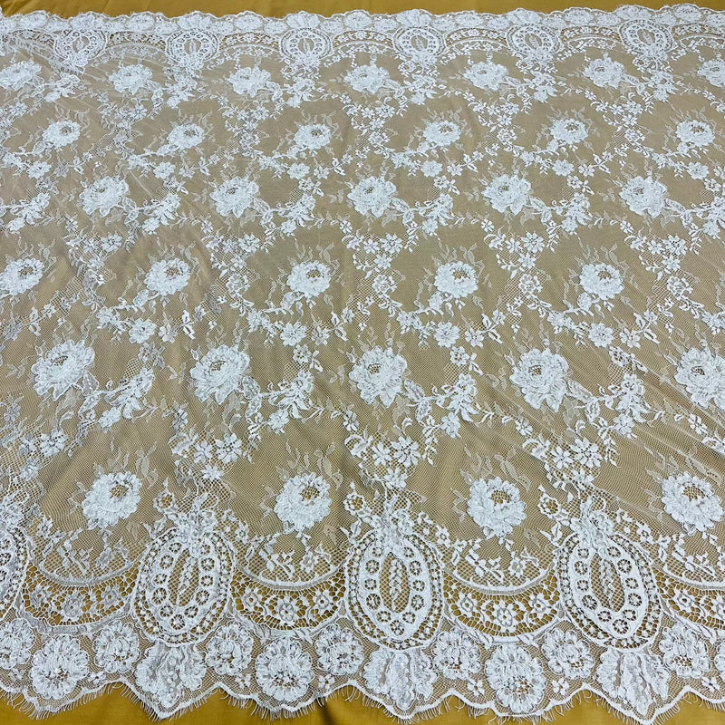 3 Yards Precut Beaded & Corded Chantilly Floral Lace Fabric Embroidered on 100% Polyester Net Mesh | Lace USA - 97143W-BP