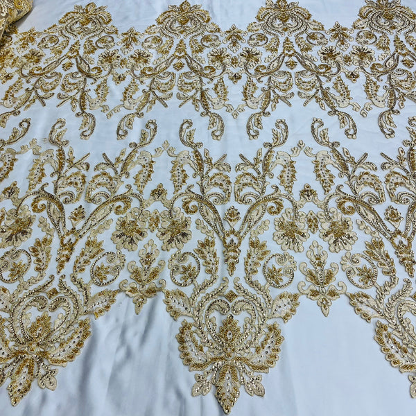 Beaded & Corded Bridal Lace Fabric Embroidered on 100% Polyester Net Mesh | Lace USA - 96996W-HB