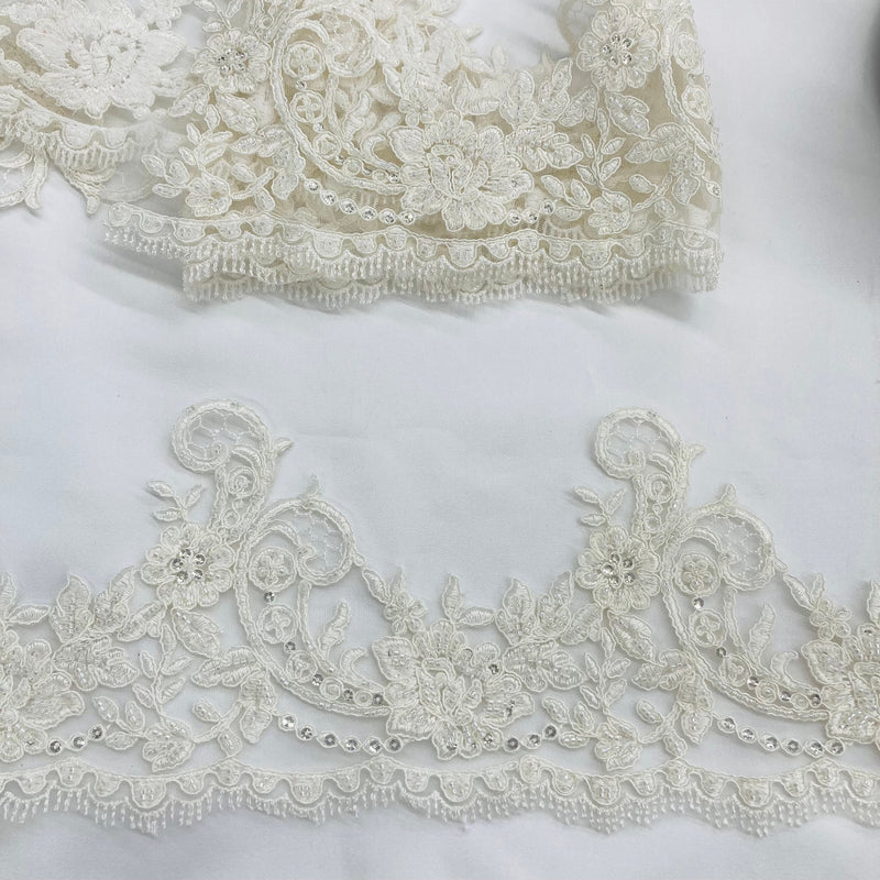 Beaded & Corded Lace Trimming Embroidered on 100% Polyester Net Mesh | Lace USA - 96435W-HB