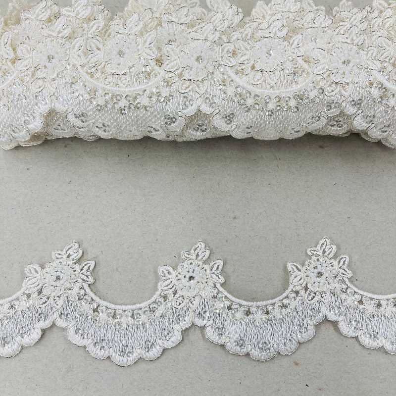 Beaded & Corded Lace Trimming Embroidered on 100% Polyester Net Mesh | Lace USA - 95600W-BP