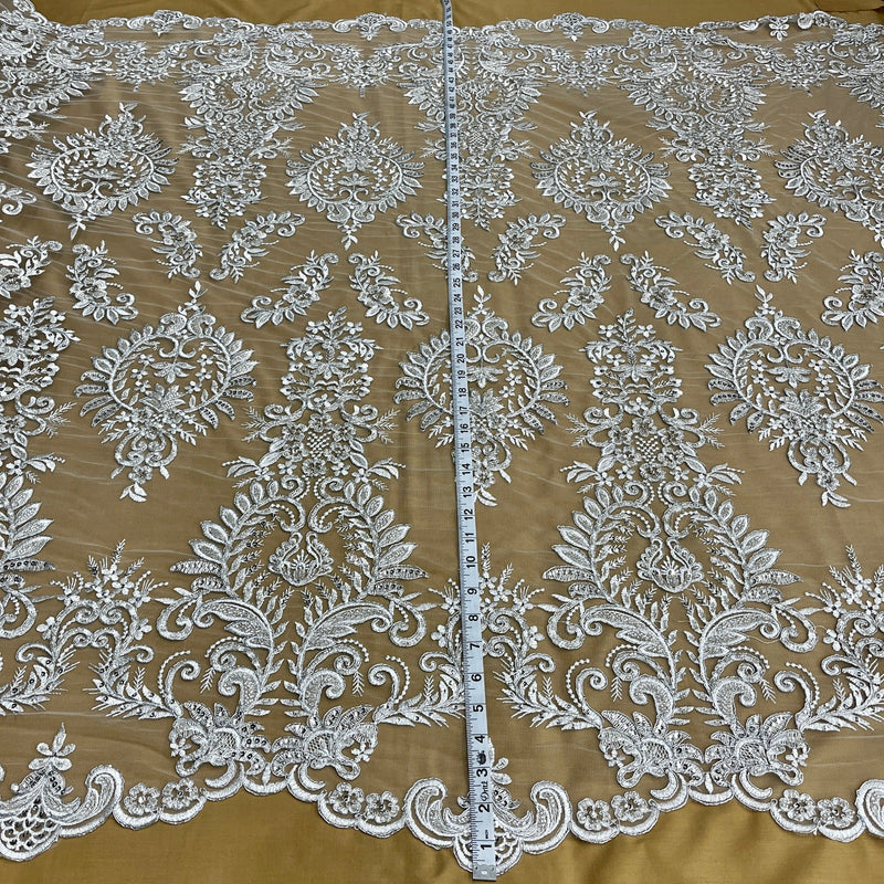 Beaded & Corded Bridal Lace Fabric Embroidered on 100% Polyester Net Mesh | Lace USA - 97160W-HB