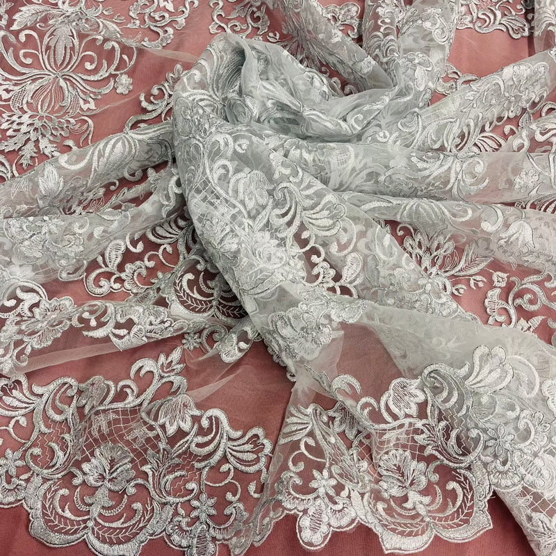 Corded Bridal Lace Fabric Embroidered on 100% Polyester Net Mesh | Lace USA - 97070W