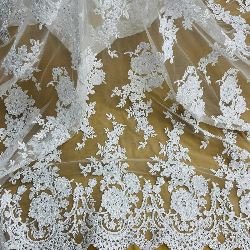 Beaded & Corded Bridal Lace Fabric Embroidered on 100% Polyester Net Mesh | Spandex Palace