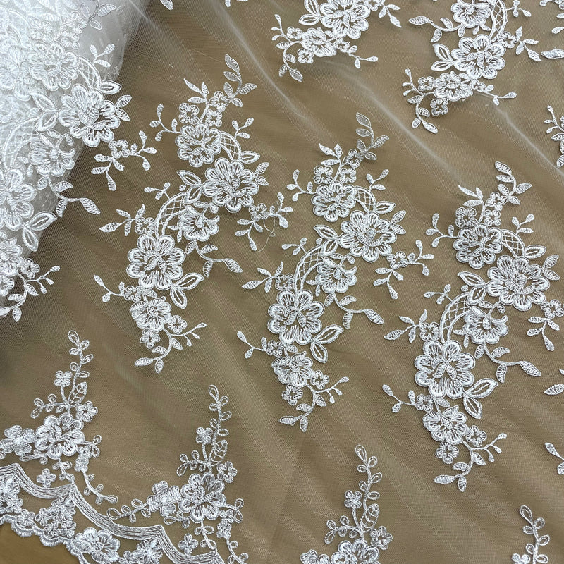 Corded Bridal Lace Fabric Embroidered on 100% Polyester Net Mesh | Lace USA - 97200W