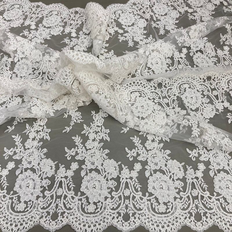 Beaded & Corded Bridal Lace Fabric Embroidered on 100% Polyester Net Mesh | Lace USA - 96874W-HB