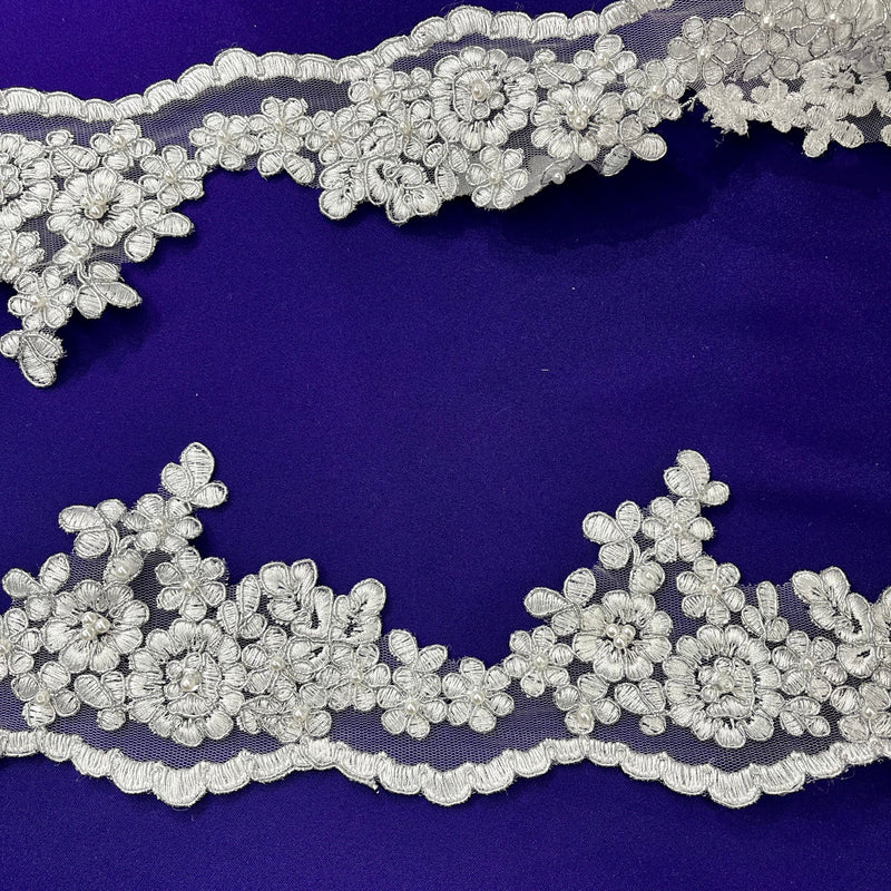 Beaded & Corded Lace Trimming Embroidered on 100% Polyester Net Mesh | Lace USA - 97121W1-BP