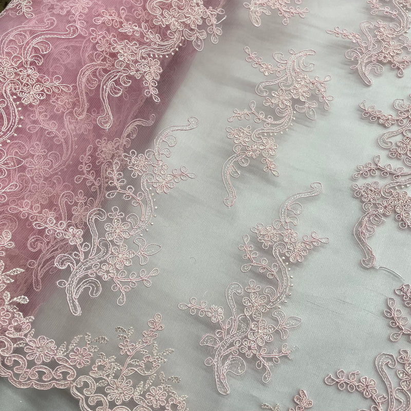 Corded Bridal Lace Fabric Embroidered on 100% Polyester Net Mesh | Lace USA - 97199W