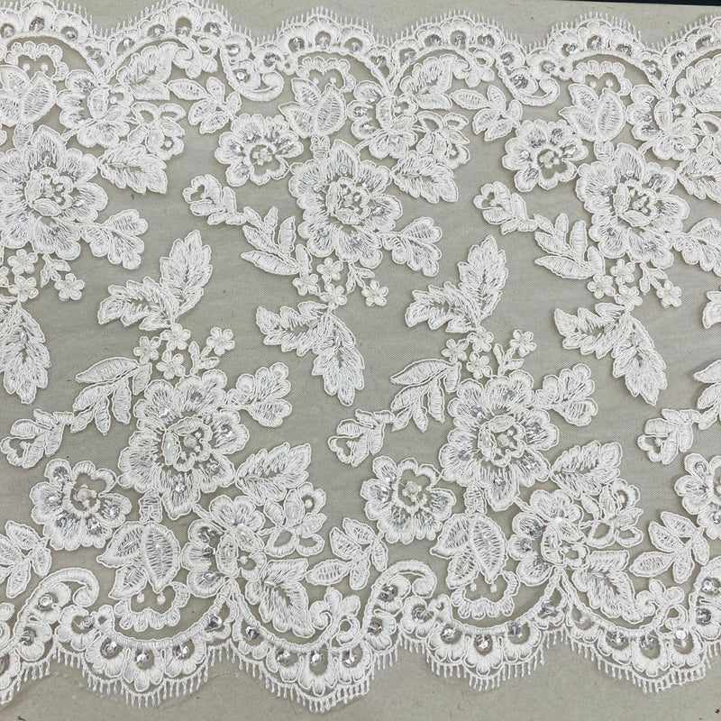 Double Sided Lace Trimming Beaded Corded Embroidered on 100% Polyester Net Mesh | Lace USA - 95359W/2-HB