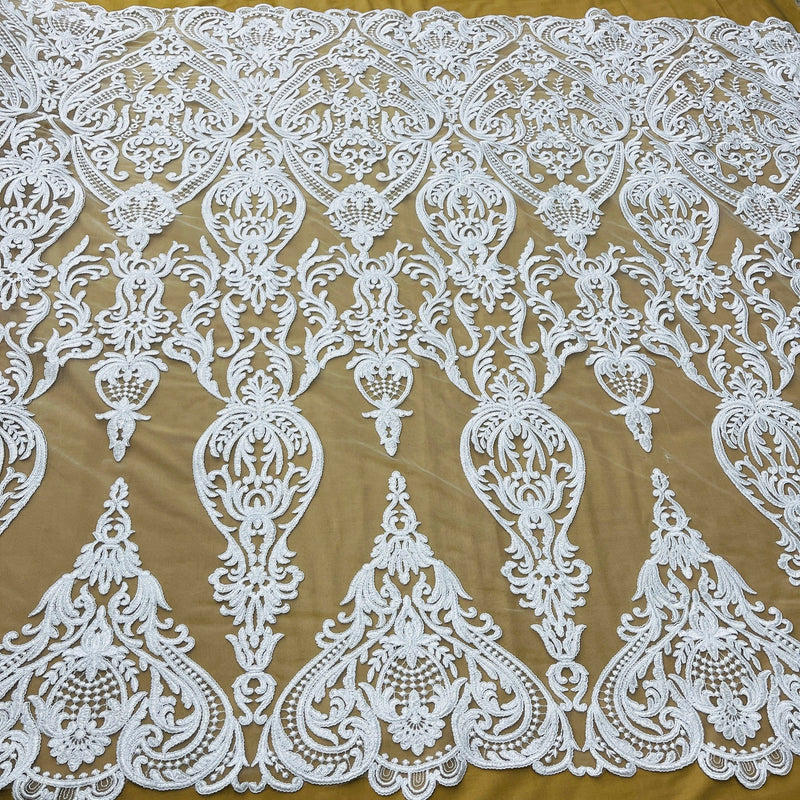 Corded Bridal Lace Fabric Embroidered on 100% Polyester Net Mesh | Spandex Palace- 97086W