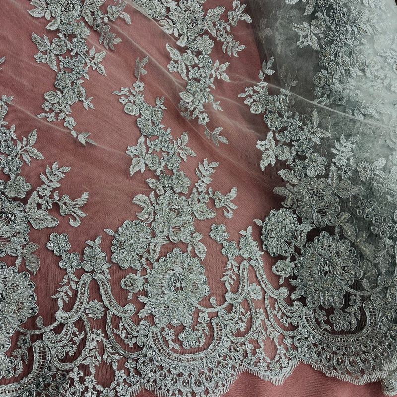 Beaded & Corded Bridal Lace Fabric Embroidered on 100% Polyester Net Mesh | Lace USA - 96989W-HB