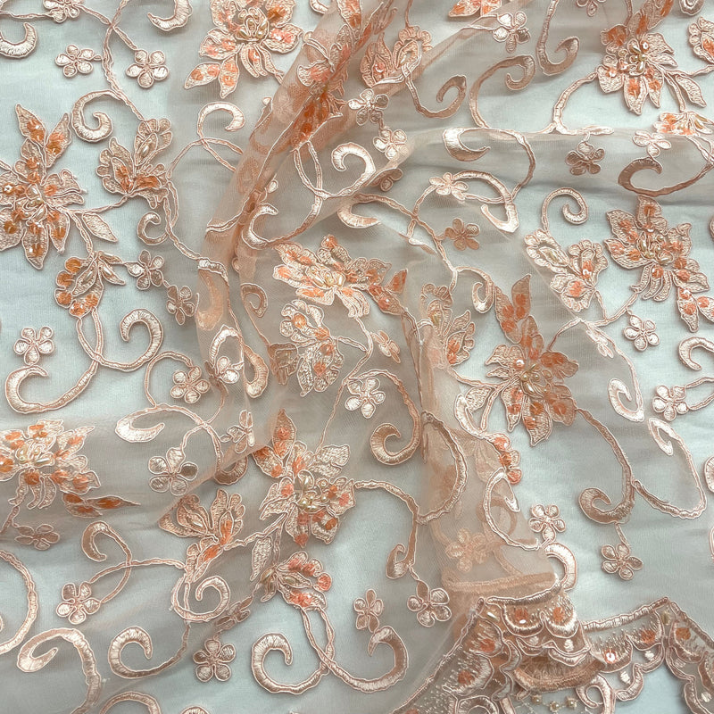 Beaded & Corded Bridal Fabric Lace Embroidered on 100% Polyester Net Mesh | Lace USA - 95488W-BP