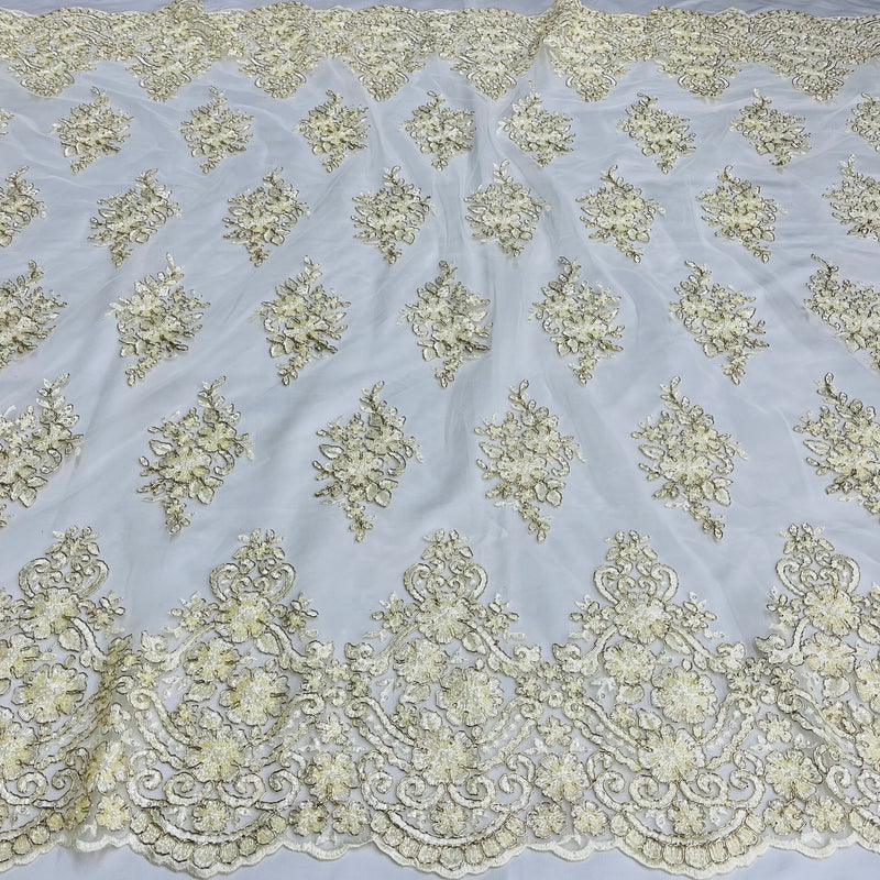 Beaded Corded Lace Fabric With Scallops Embroidered on 100% Poly Metallic | Lace USA - GD-1245