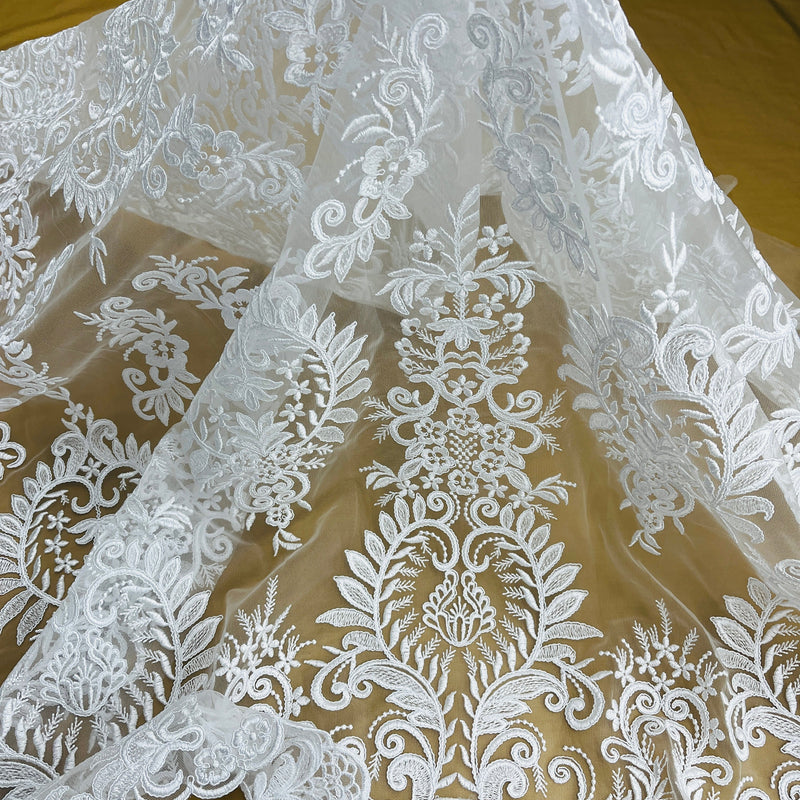 Corded Bridal Lace Fabric Embroidered on 100% Polyester Net Mesh | Lace USA - 97160W