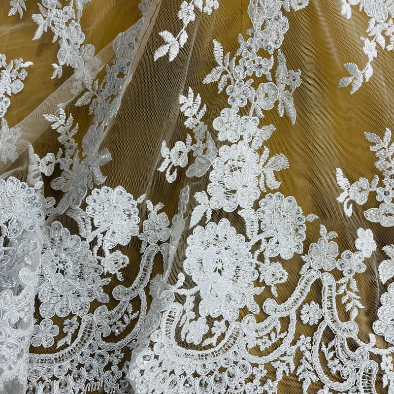 Beaded & Corded Bridal Lace Fabric Embroidered on 100% Polyester Net Mesh | Lace USA - 96989W-HB