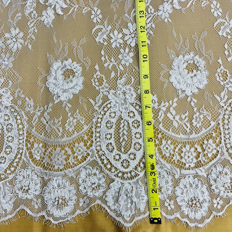 3 Yards Precut Beaded & Corded Chantilly Floral Lace Fabric Embroidered on 100% Polyester Net Mesh | Lace USA - 97143W-BP