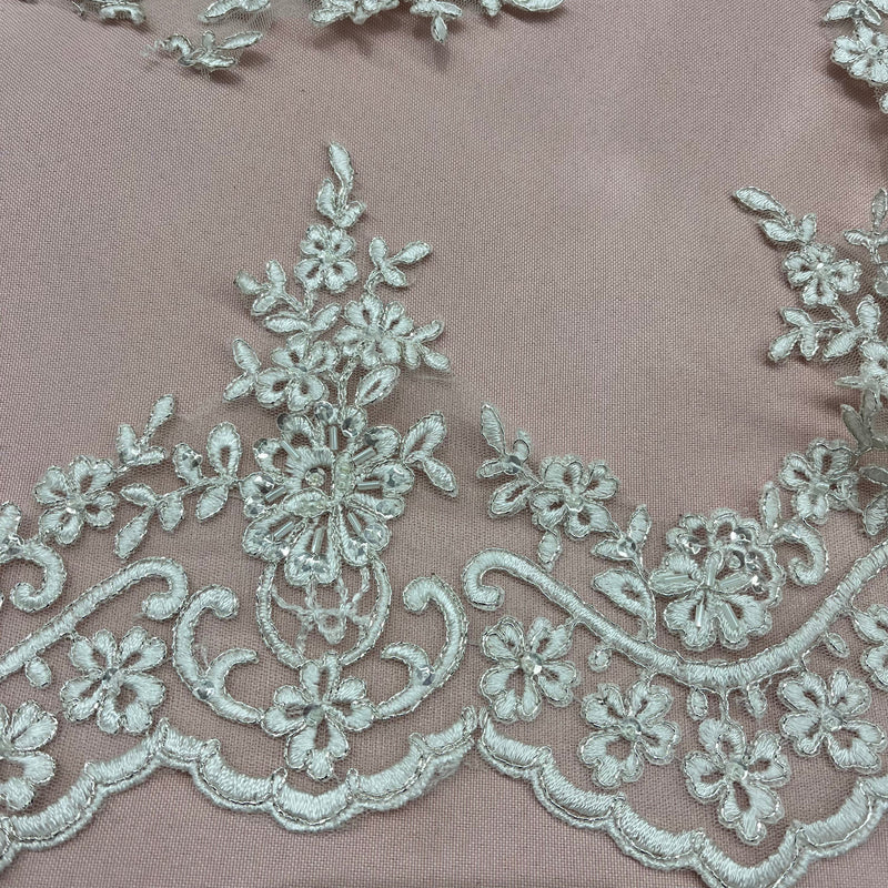 Beaded & Corded Floral Lace Trimming Embroidered on 100% Polyester Net Mesh | Lace USA - 96216W-HB