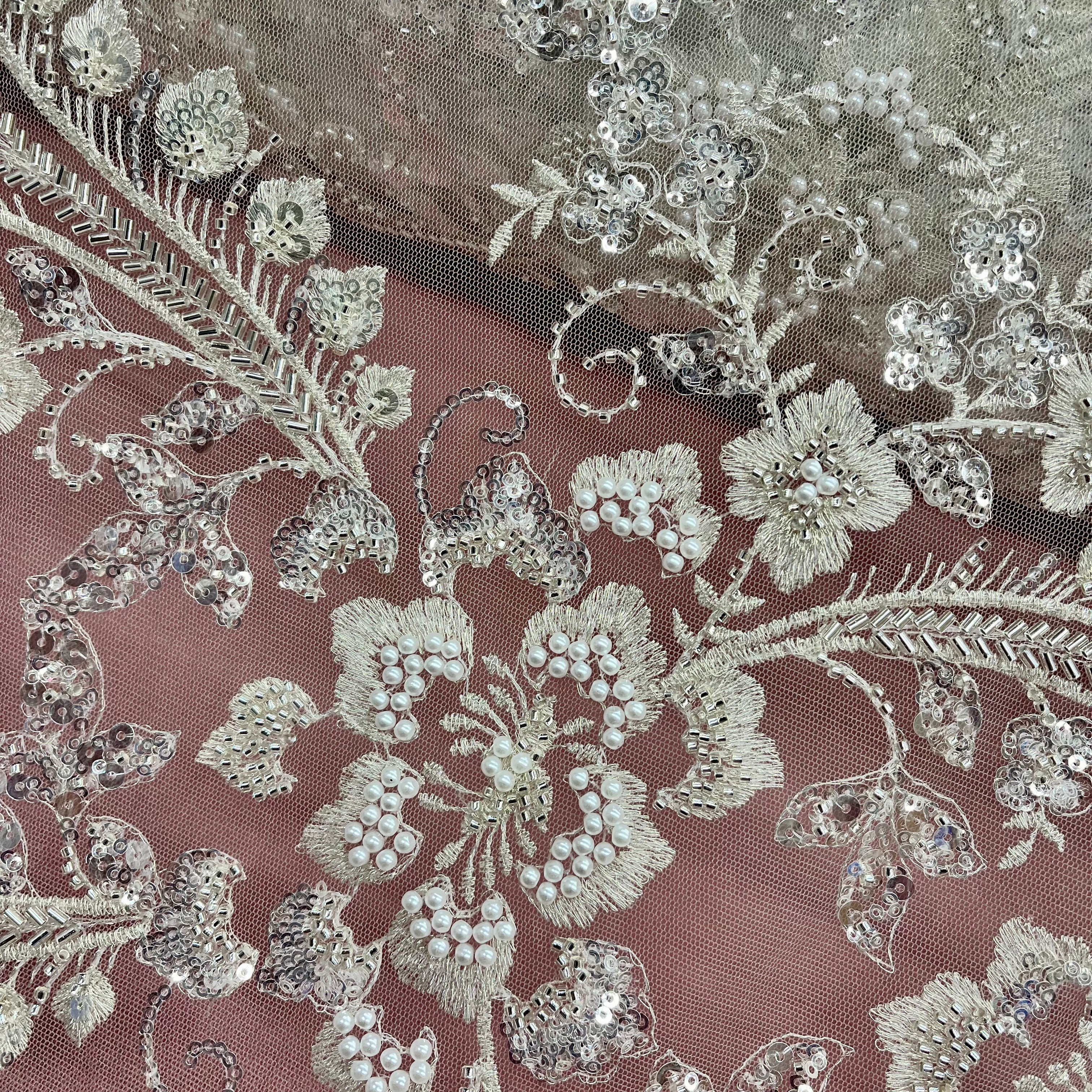 Beaded Lace Fabric Embroidered on 100% Polyester Net Mesh | Lace USA - GD-220702