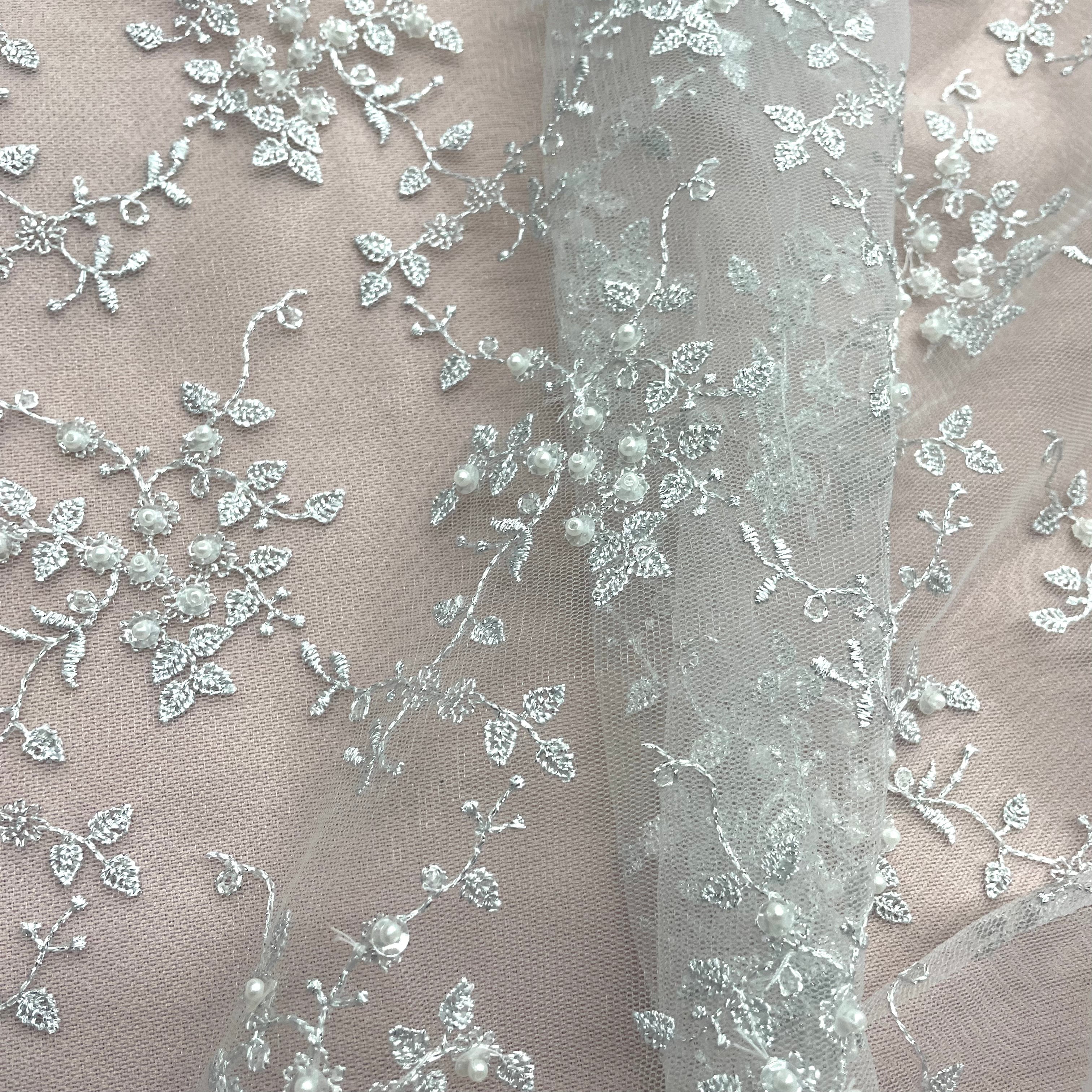 Beaded Lace Fabric Embroidered on 100% Polyester Net Mesh | Lace USA - 41608W-BP
