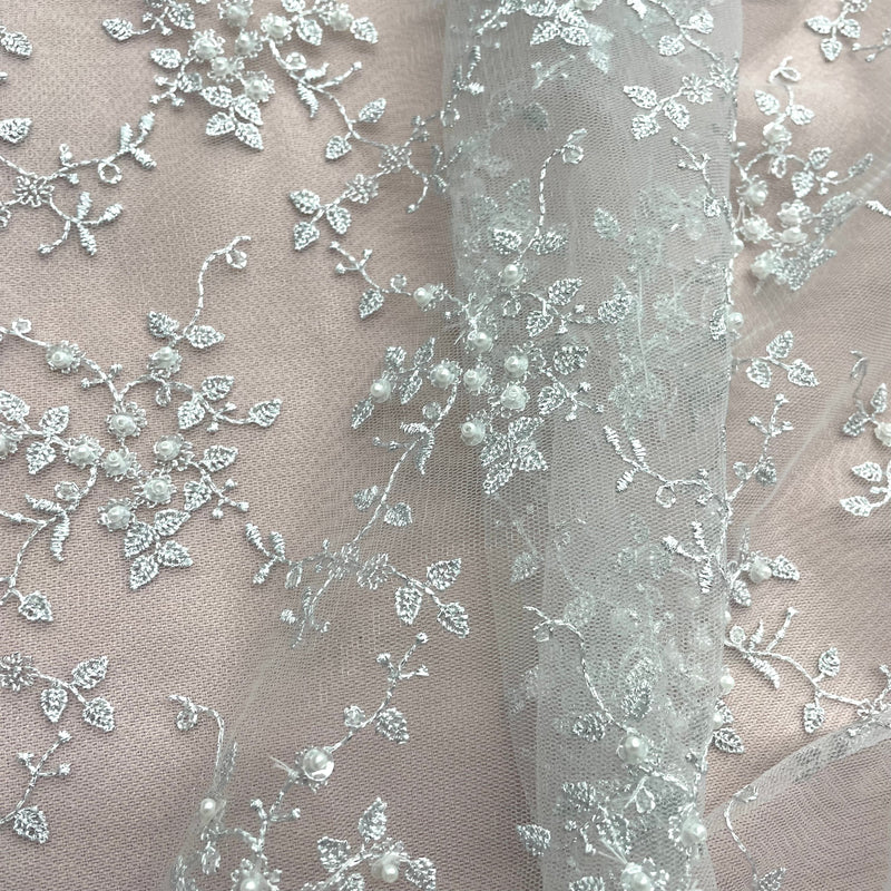 Beaded Lace Fabric Embroidered on 100% Polyester Net Mesh | Lace USA - 41608W-BP