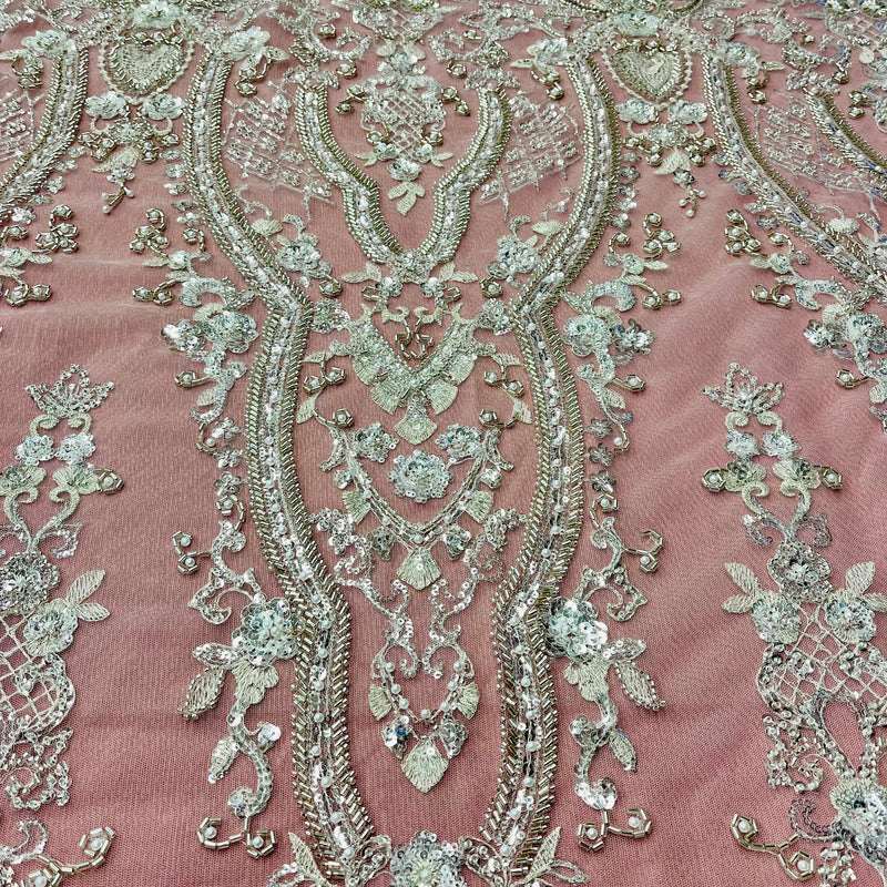 Beaded Lace Fabric Embroidered on 100% Polyester Net Mesh | Spandex Palace - GD-227239