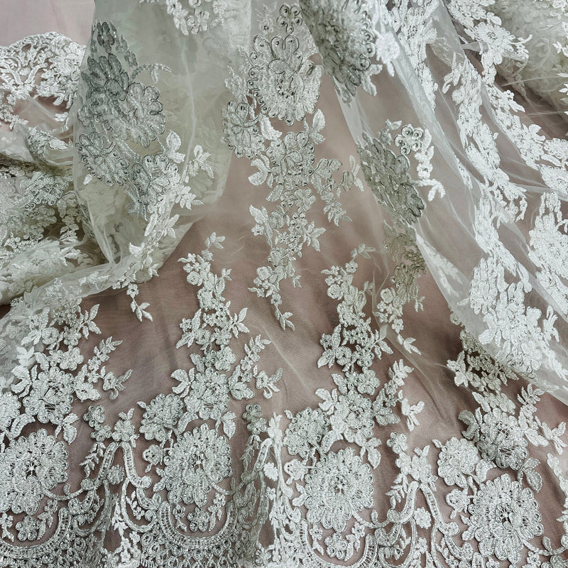 Beaded & Corded Bridal Lace Fabric Embroidered on 100% Polyester Net Mesh | Lace USA - 96989W-HB