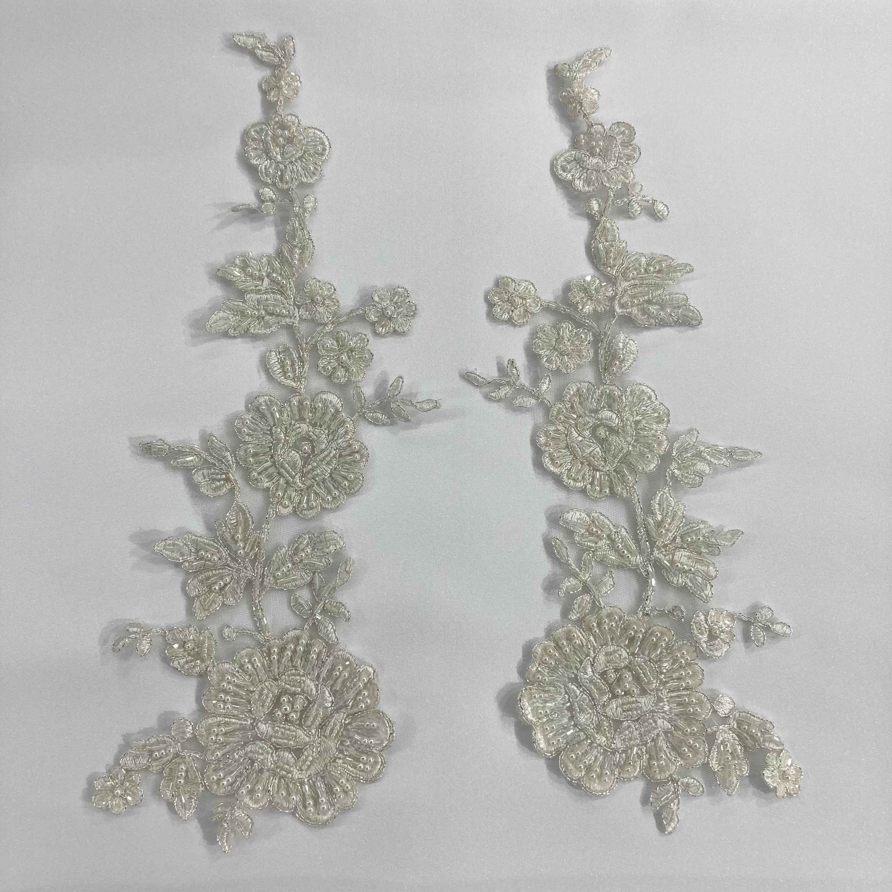 Beaded & Corded Floral Lace Applique Embroidered on 100% Polyester Net Mesh | Lace USA - 96436W-HB