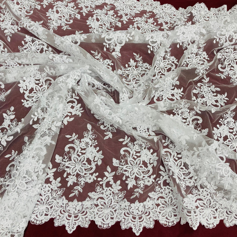 Beaded & Corded Bridal Lace Fabric Embroidered on 100% Polyester Net Mesh | Lace USA - 96983W-HB