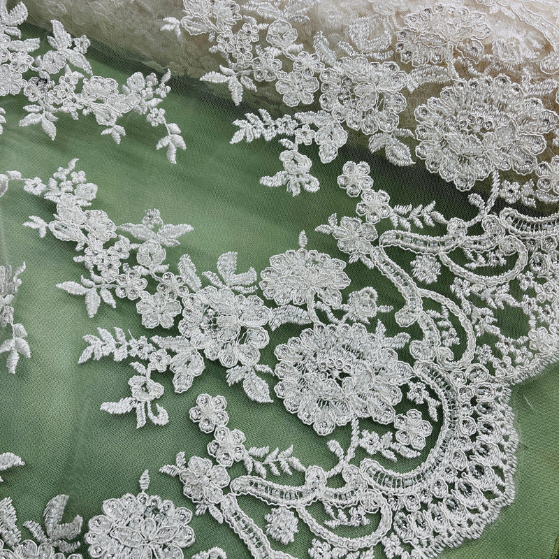 Beaded & Corded Bridal Lace Fabric Embroidered on 100% Polyester Net Mesh | Spandex Palace