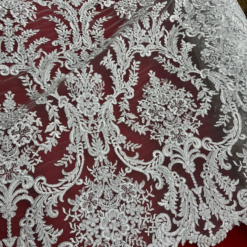 Corded Bridal Lace Fabric Embroidered on 100% Polyester Net Mesh | Lace USA - 97136W