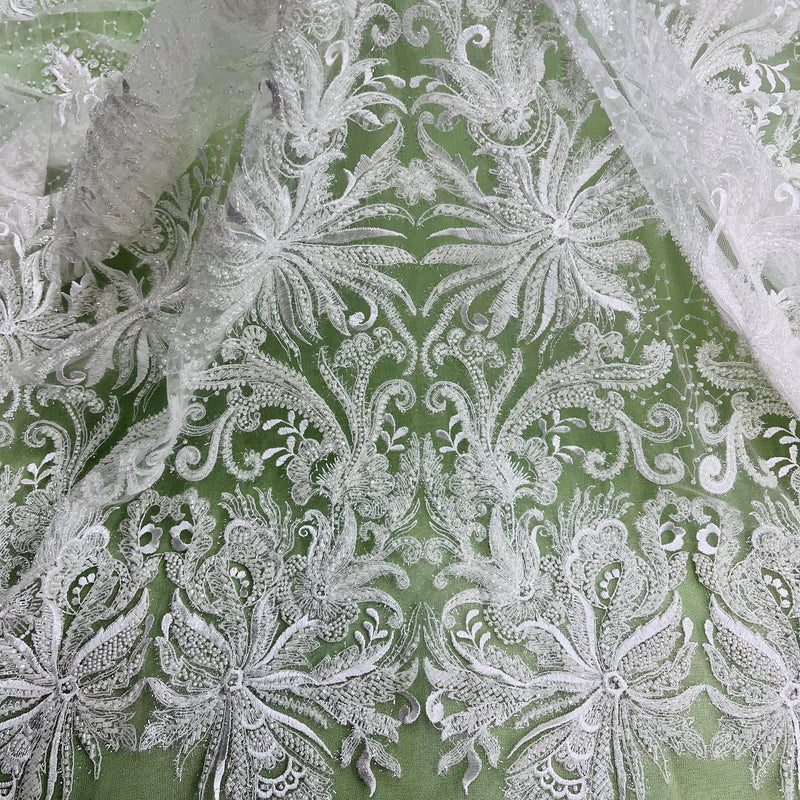 Beaded Lace Fabric Embroidered With Fuzzy Thread on 100% Polyester Net Mesh | Lace USA - GD-12264