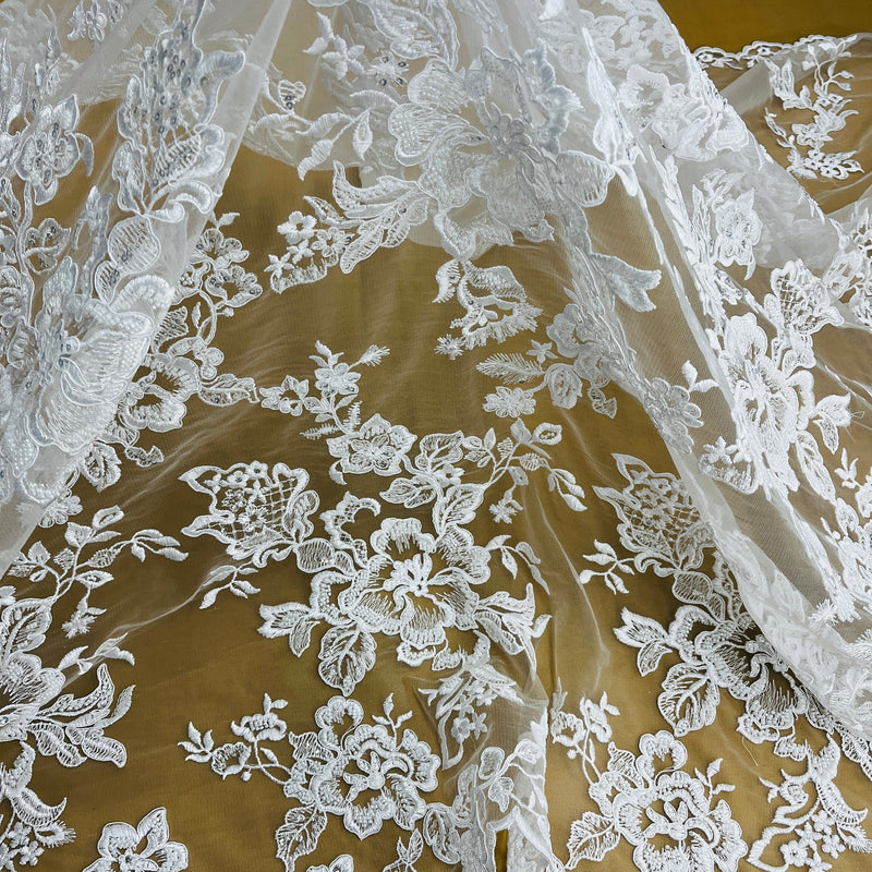 Beaded & Corded Bridal Lace Fabric Embroidered on 100% Polyester Net Mesh | Spandex Palace- 97126W-HB