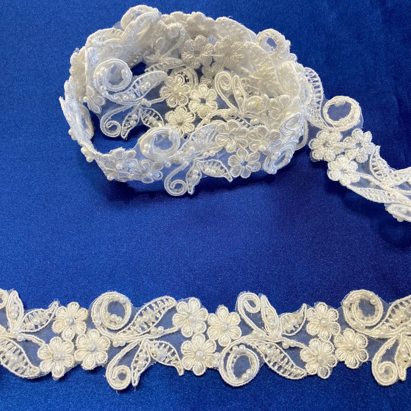 Beaded & Corded Lace Trimming Embroidered on 100% Polyester Organza | Lace USA - 95118N-BP