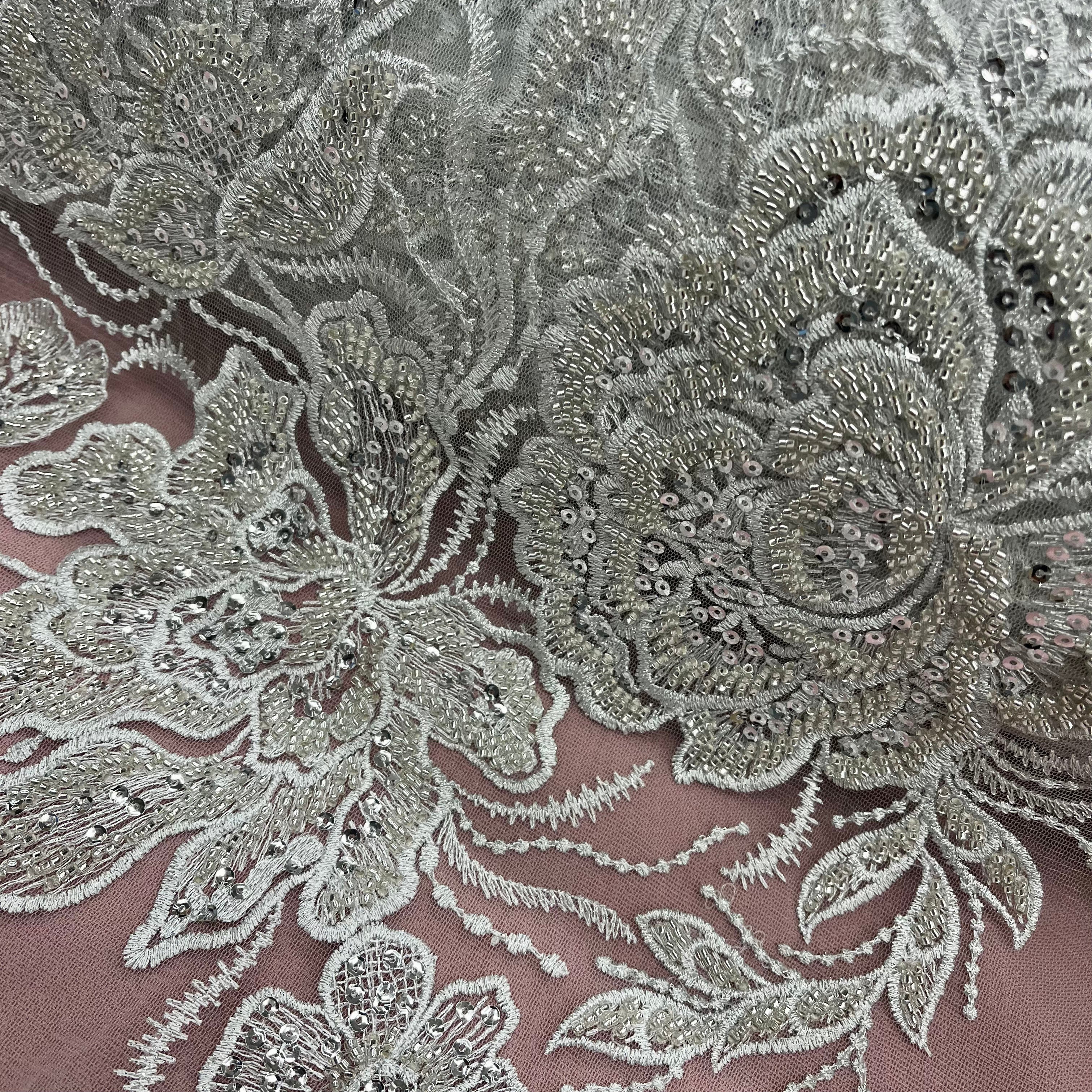 Beaded Lace Fabric Embroidered on 100% Polyester Net Mesh | Lace USA - GD-67313