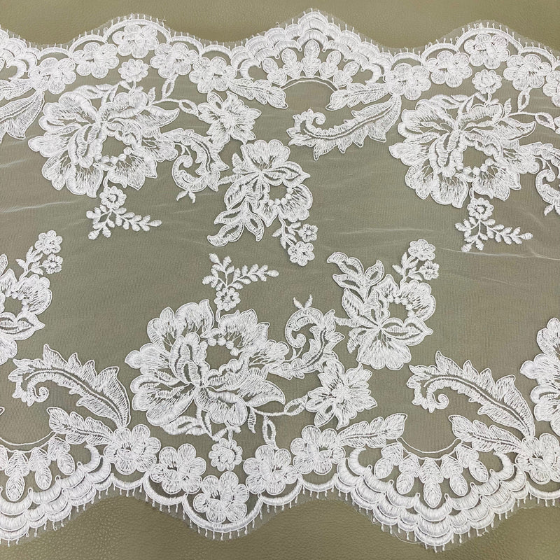 Double Sided Floral Lace Trimming Corded Embroidered on 100% Poly. Net Mesh | Lace USA - 97129W/2