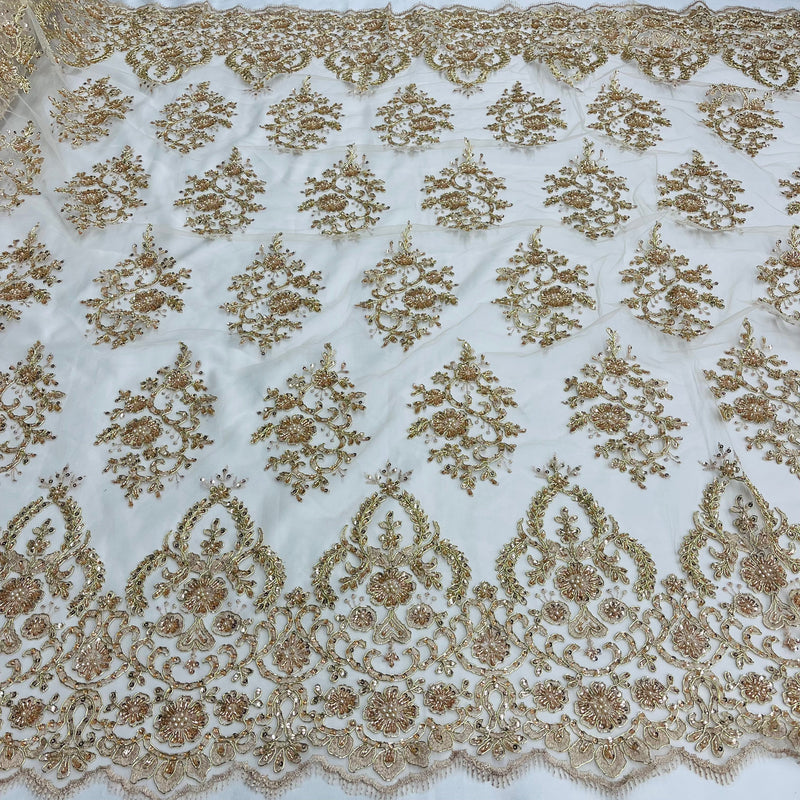 Beaded & Corded Bridal Lace Fabric Embroidered on 100% Polyester Net Mesh | Lace USA - GD-2257