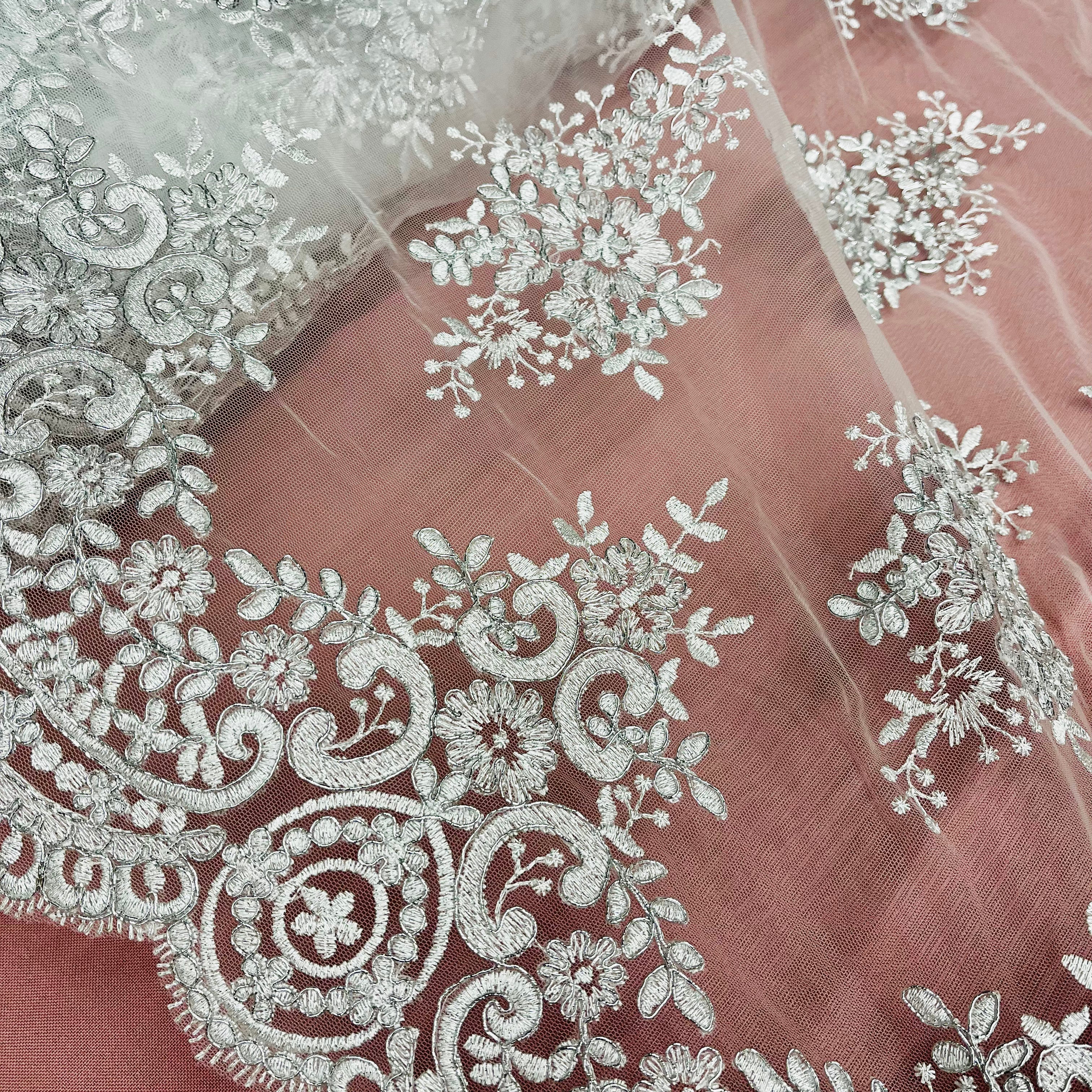 Corded Bridal Lace Fabric Embroidered on 100% Polyester Net Mesh | Lace USA - 97019W