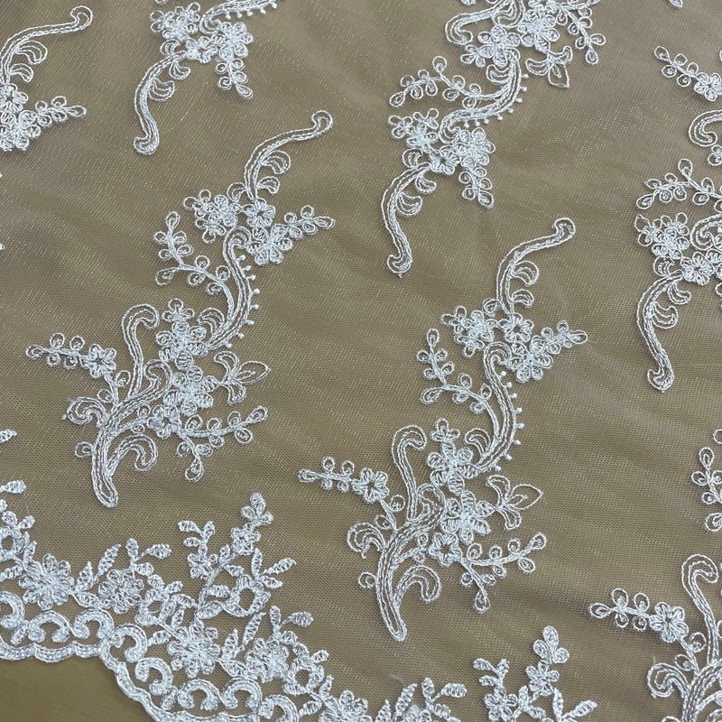 Corded Bridal Lace Fabric Embroidered on 100% Polyester Net Mesh | Lace USA - 97199W