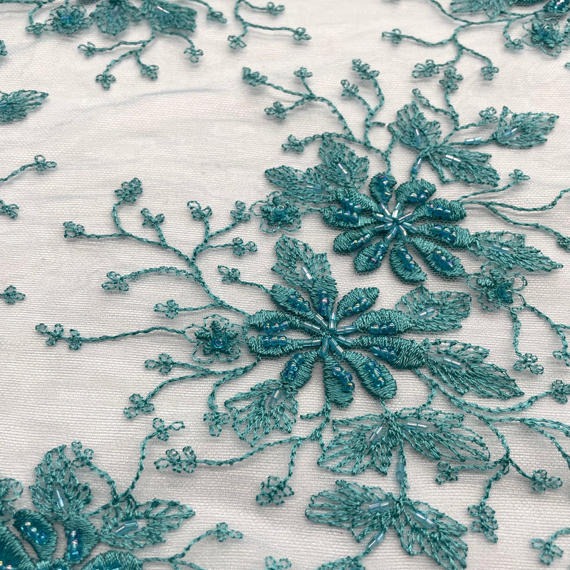 Beaded Lace Fabric Embroidered on 100% Polyester Net Mesh | Lace USA - 41976W-BP