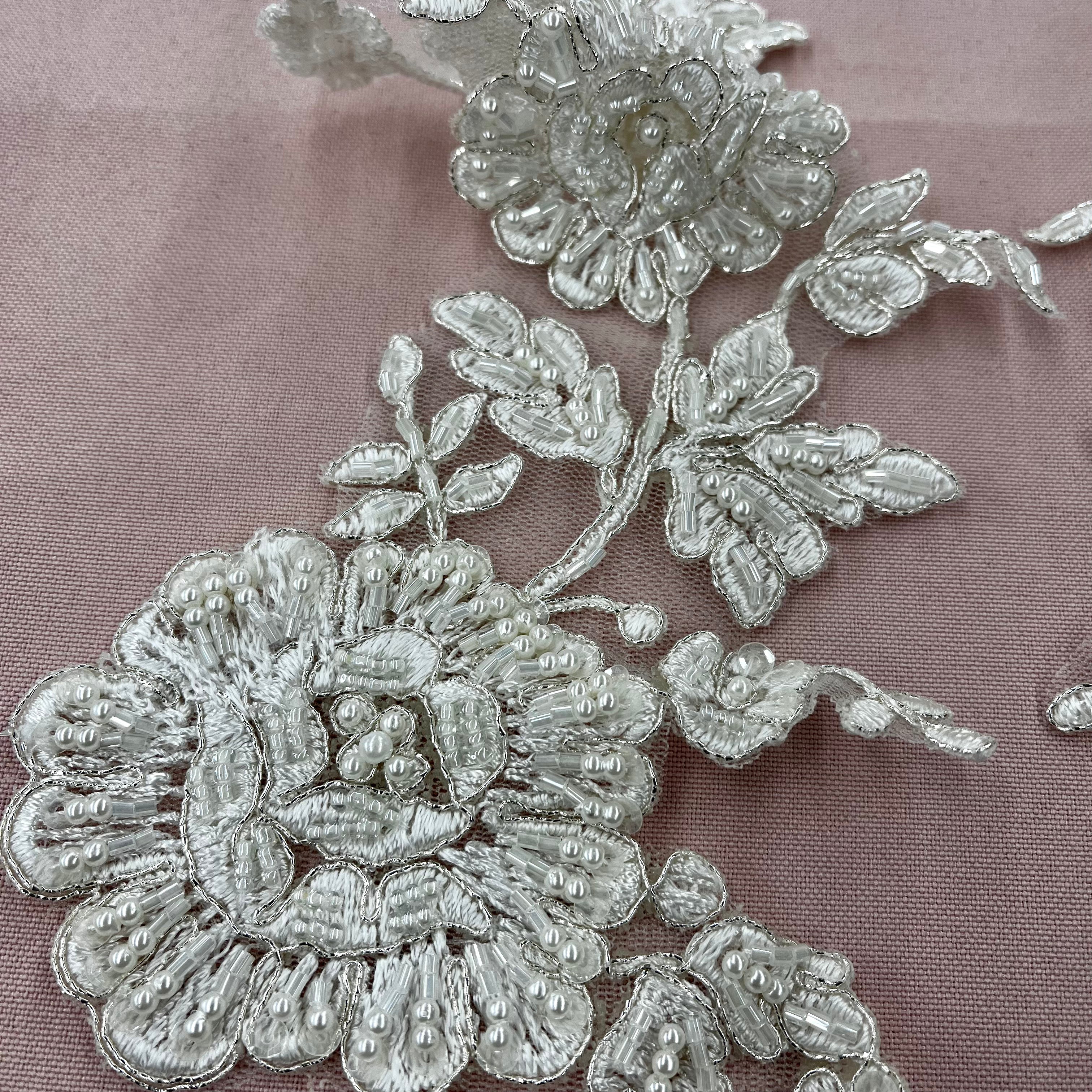 Beaded & Corded Floral Lace Applique Embroidered on 100% Polyester Net Mesh | Lace USA - 96436W-HB