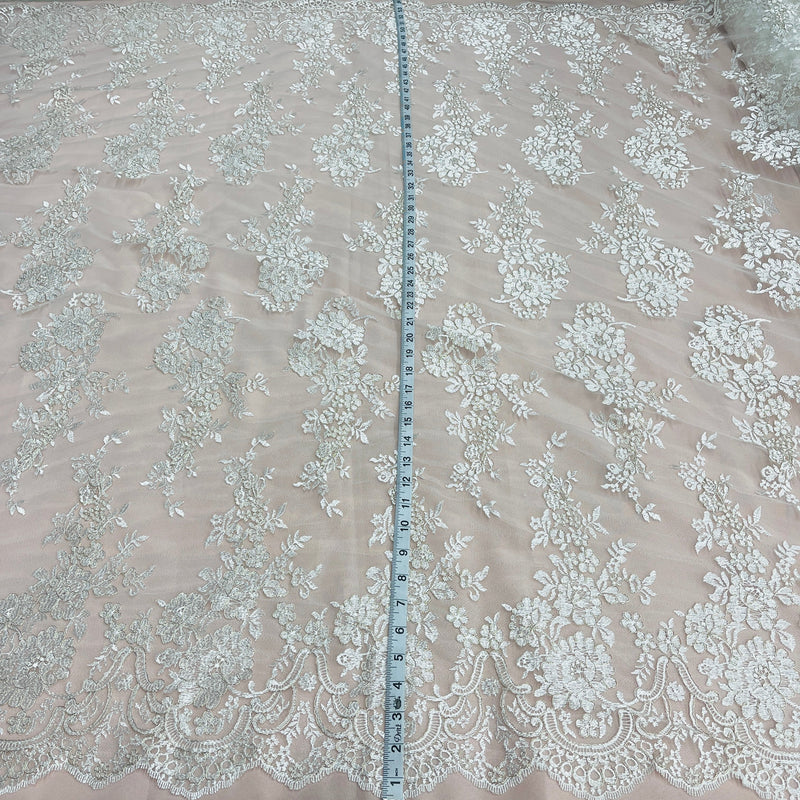 Corded Bridal Lace Fabric Embroidered on 100% Polyester Net Mesh | Lace USA - 96989W