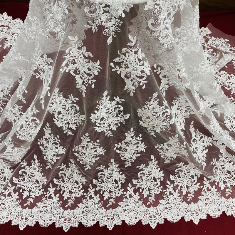 Beaded & Corded Bridal Lace Fabric Embroidered on 100% Polyester Net Mesh | Lace USA - 96983W-HB