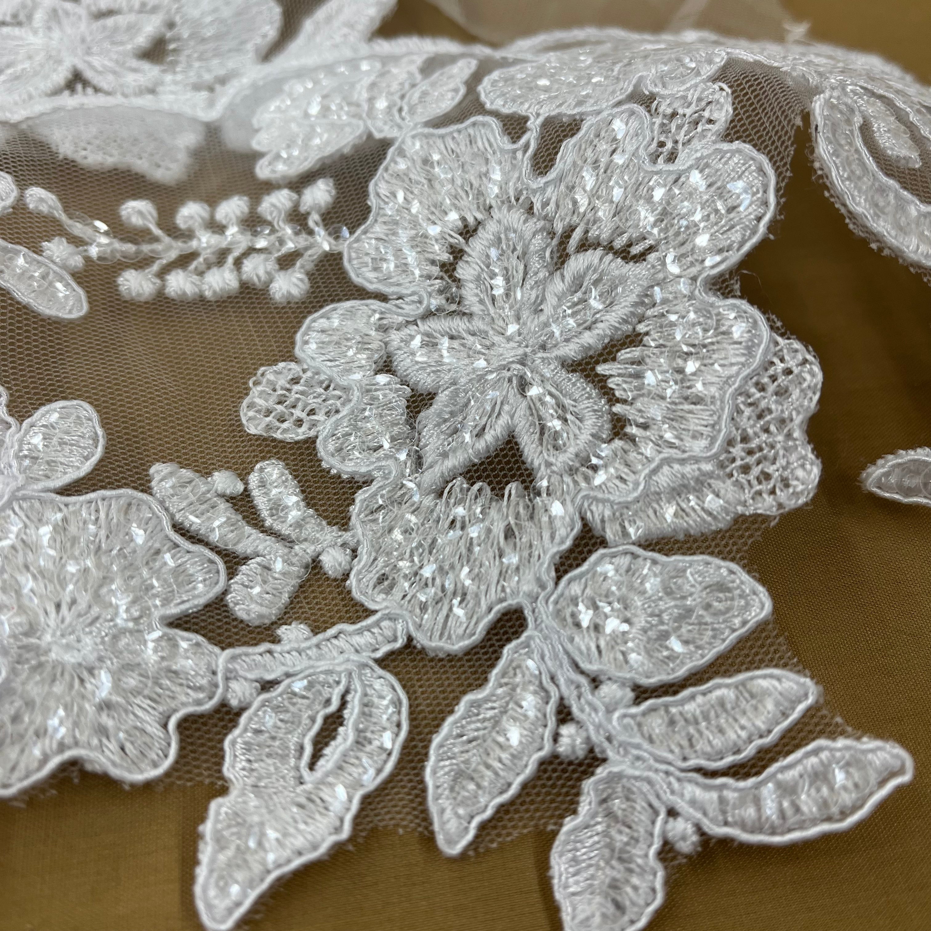 Beaded & Corded Floral Lace Trimming Embroidered on 100% Polyester Net Mesh | Lace USA - 97217W-SB